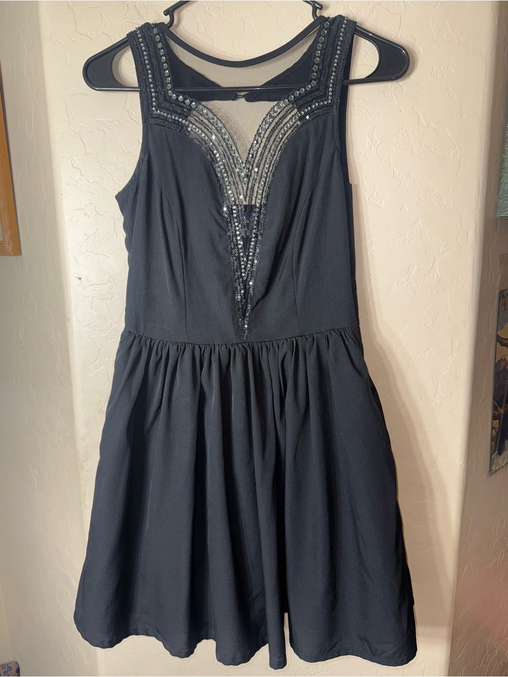Forever 21 Black Sequin Rhinestone Mesh Illusion Fit Flare Party Dress S